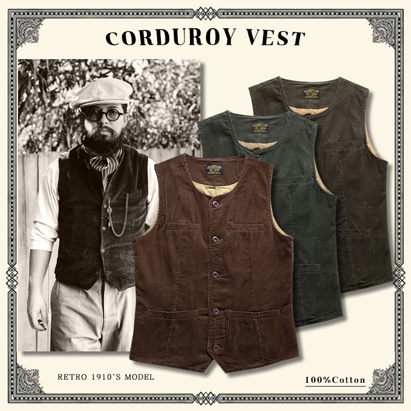 秋冬美式复古灯芯绒西服马甲坎肩厚款纯色多口袋铁道工装猎装马甲