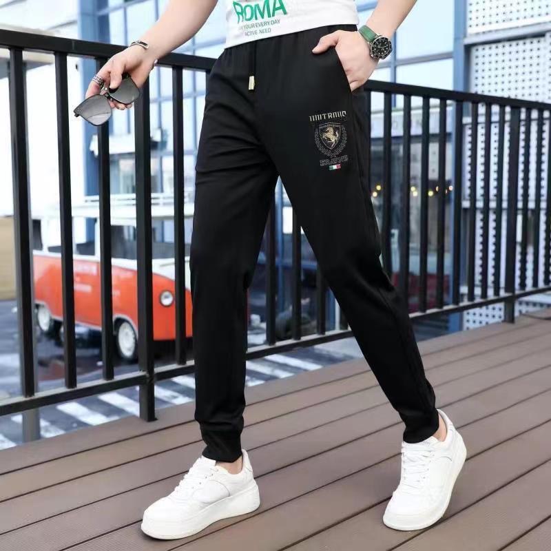 高档夏款冰丝男士休闲裤宽松弹力裤子金牛刺绣松紧腰带中青年长裤