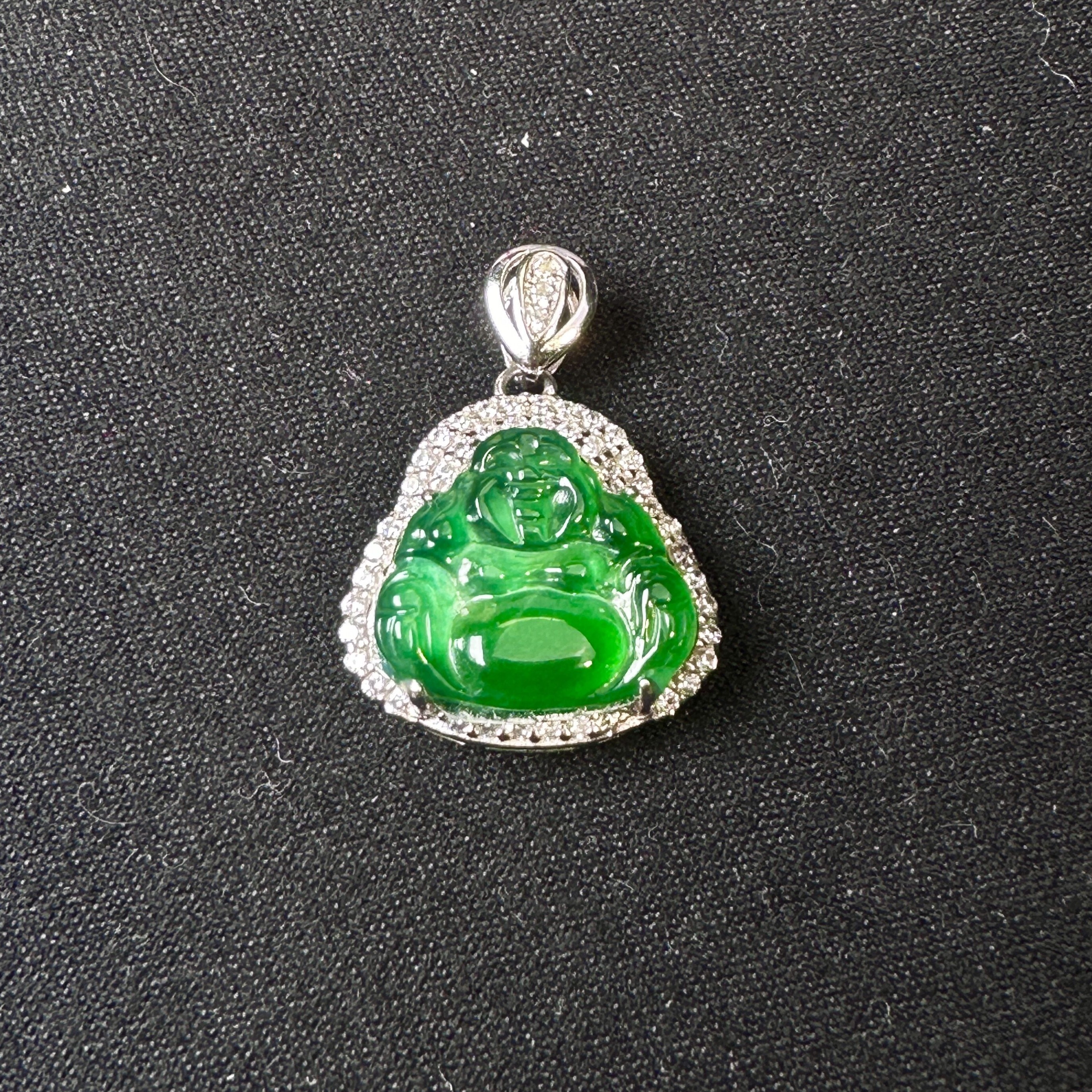 天然翡翠A货阳绿佛公s925银镶嵌玻璃种气质吊坠（多样性发货)