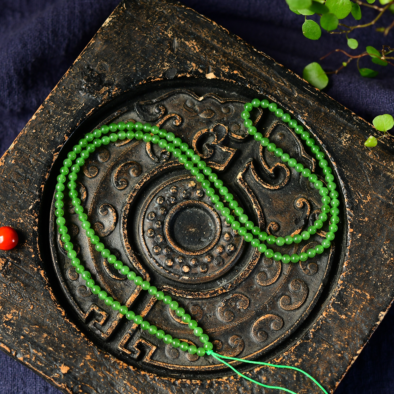 天然和田玉3毫米俄料碧玉散珠圆珠阳绿链珠多圈手链绿色无黑长链