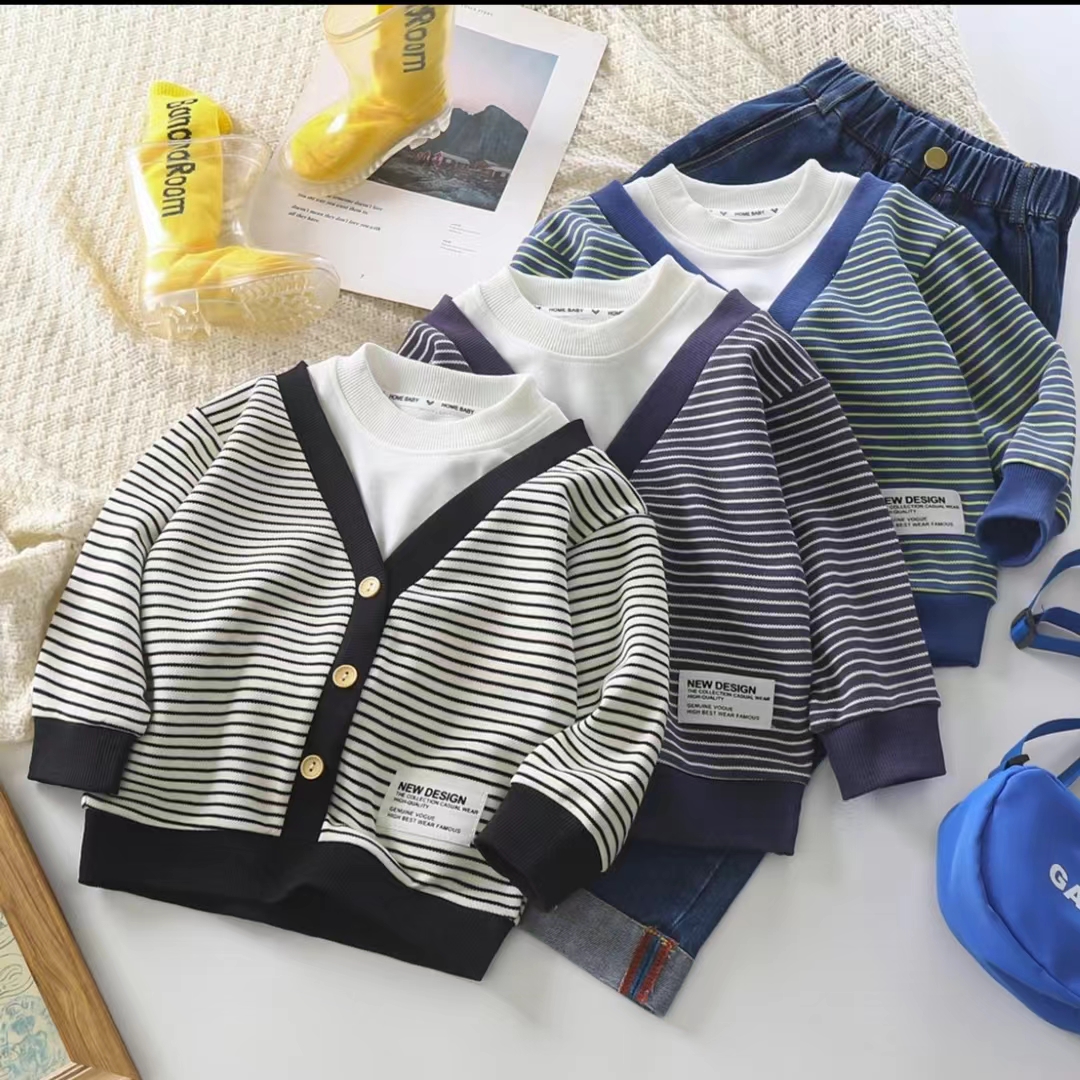 男童新款秋季卫衣条纹拼接假两件潮童上衣打底衫舒适百搭
