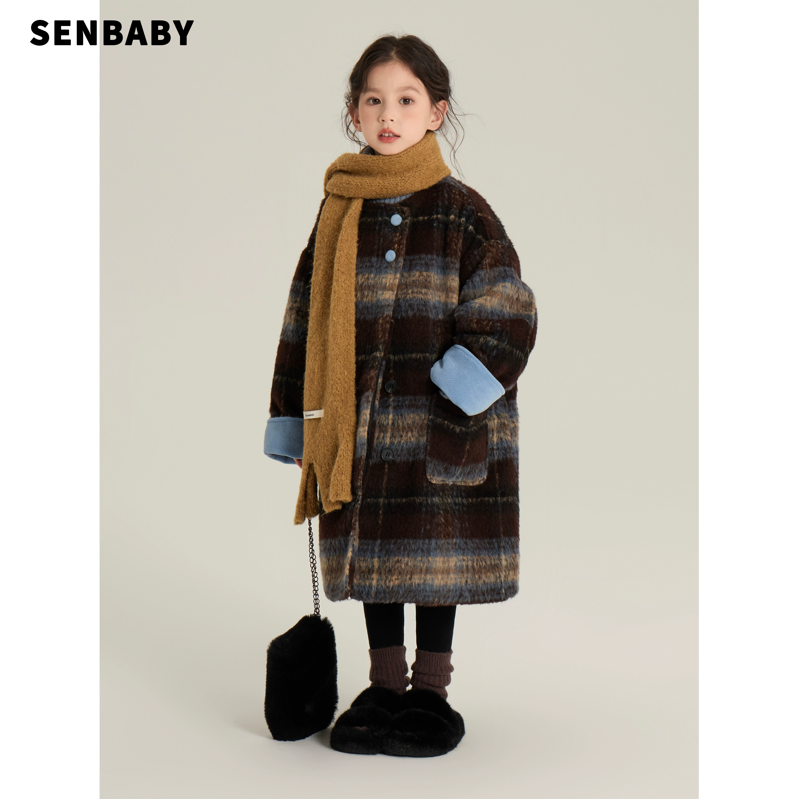 【现货】senbaby童装儿童过年毛呢外套女童加棉格子呢大衣