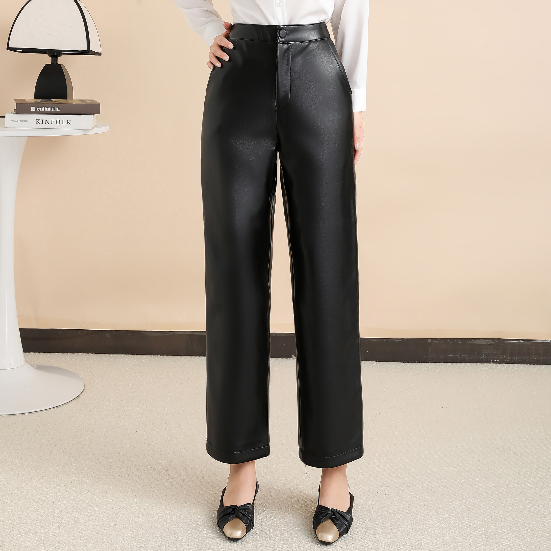 【海宁皮衣 专柜正品】新款高腰修身显瘦直筒裤百搭长皮裤