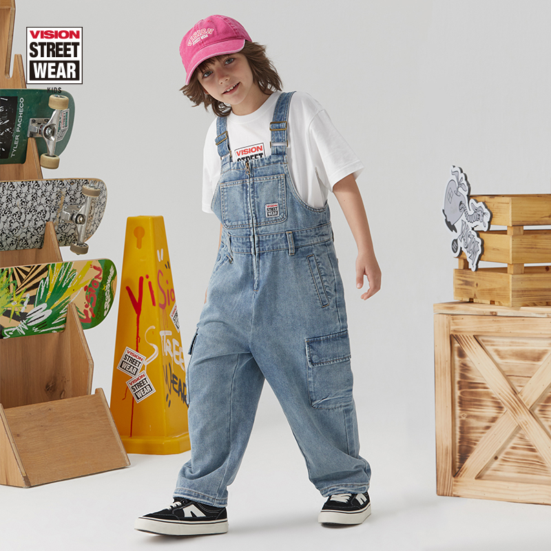 VISION KIDS 美式街头感复古宽松版肩带可调节儿童阔腿工装背带裤