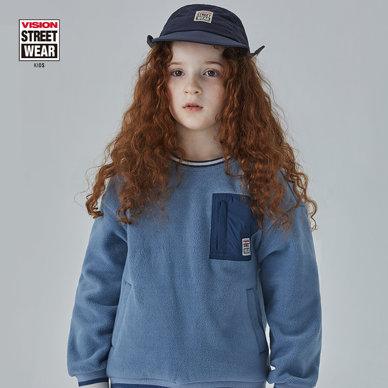VISION KIDS 街头摇粒绒插袋圆领套头户外保暖卫衣男女同款秋冬