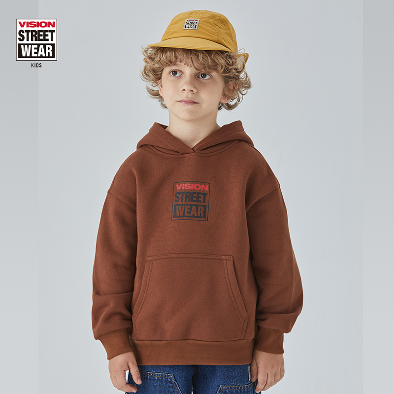 VISION KIDS经典小BOXLOGO保暖宽松连帽抓绒长袖卫衣加绒儿童卫衣