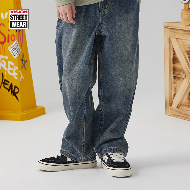 VISION 童装 复古宽松衣服休闲百搭直筒水洗牛仔长裤秋冬