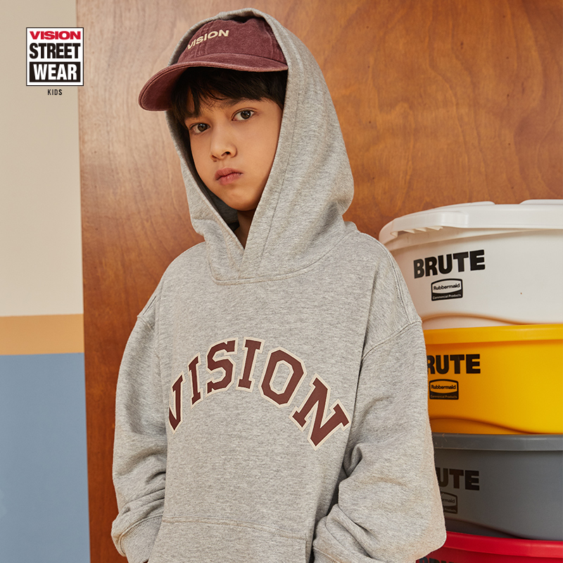 VISION KIDS 美式宽松微落肩连帽印花卫衣男童女童长袖春季套头