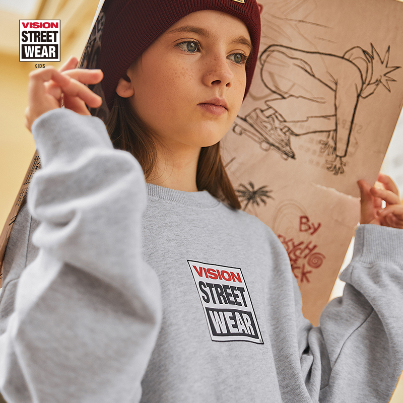 VISION KIDS 复古水洗圆领套头卫衣经典LOGO宽松休闲儿童潮流长袖