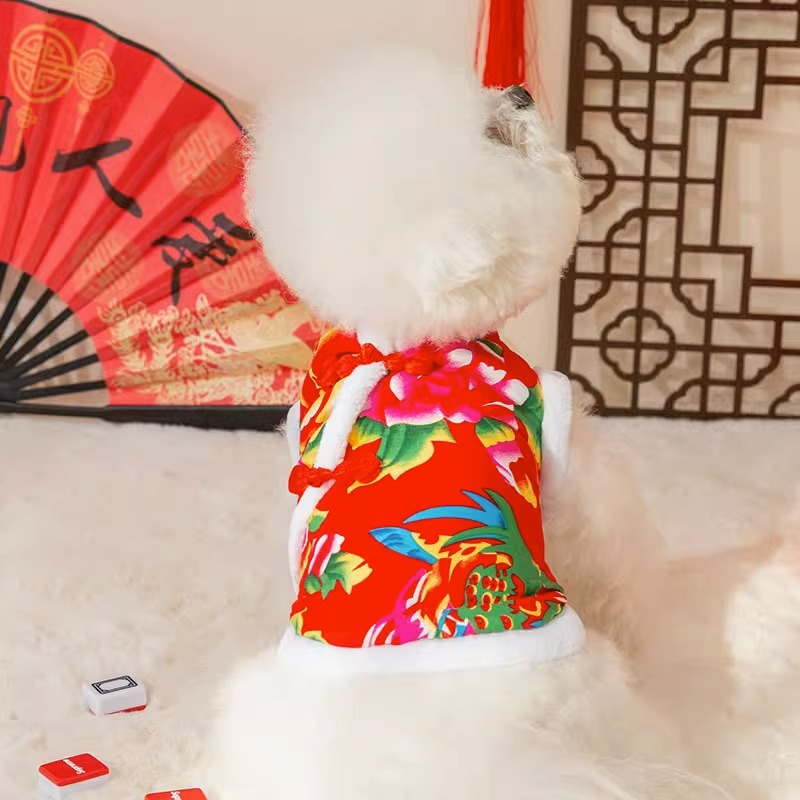 宠物衣服猫咪春冬东北大花棉袄拜年新年喜庆加绒小背心时尚单品