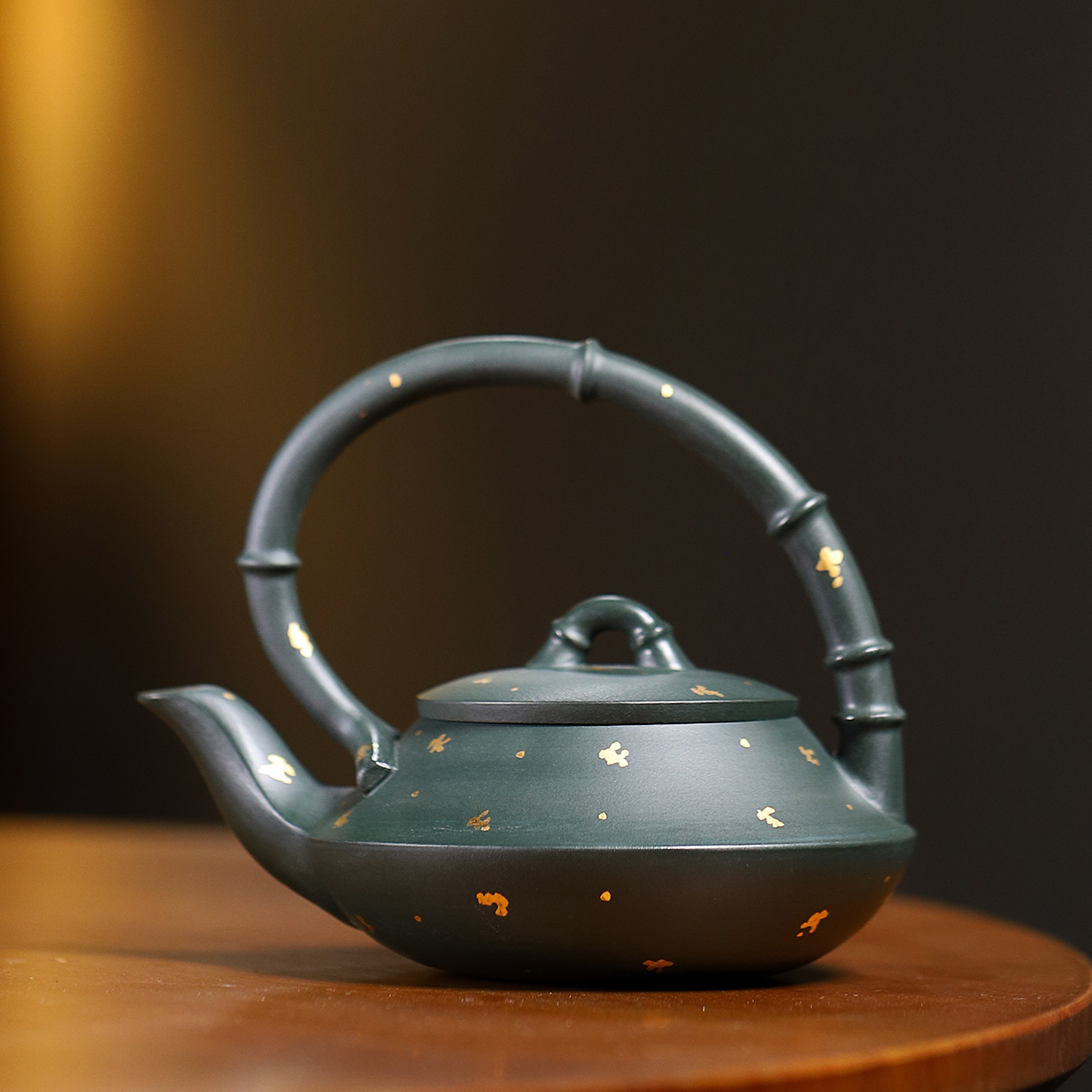 宜兴原矿天青泥 撒金竹节提梁 容量约250毫升 手制 高端紫砂壶