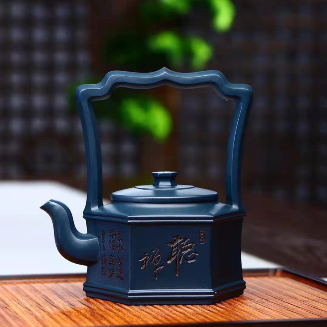 宜兴原矿天青泥 JW六方提梁 约250毫升 高端茶壶 手工制品 不挑茶