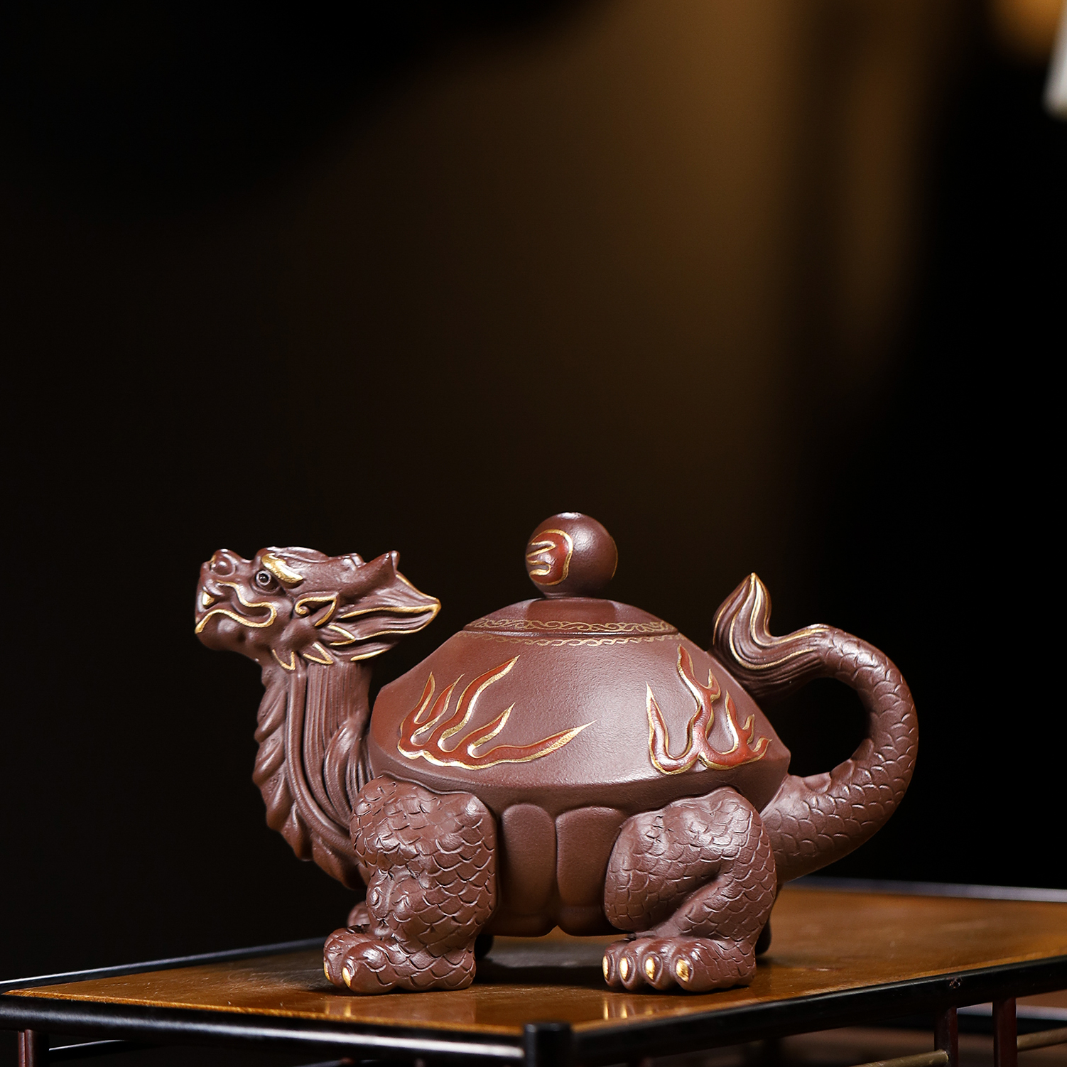 宜兴原矿紫泥 描金龙龟 容量约400毫升 中式创意紫砂壶 全手工制