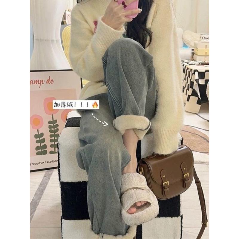 加绒加厚阔腿牛仔裤女秋冬新款大码胖妹妹梨形身材高腰显瘦哈伦裤