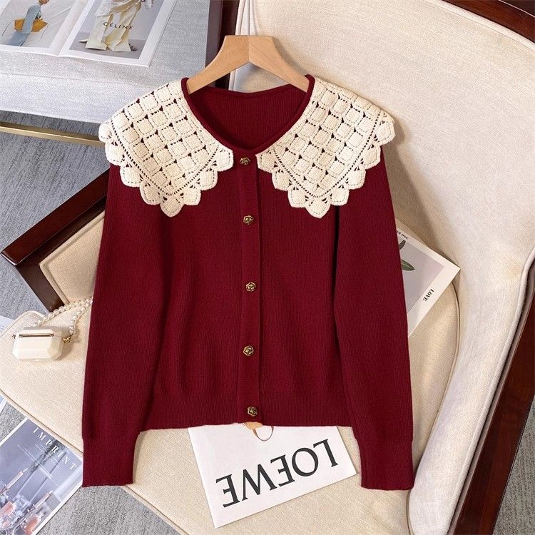 大码秋季时尚法式娃娃领针织毛衣女胖减龄遮肚子巨显瘦别致上衣