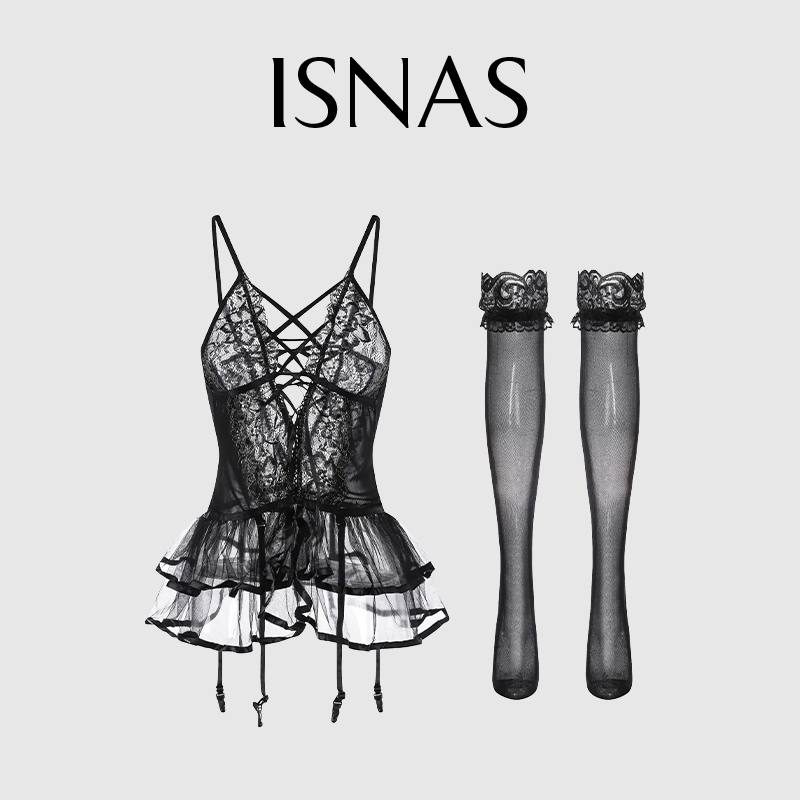 法国 ISNAS 夏季新款透视网纱性感蕾丝睡裙套装诱惑露背吊带睡衣