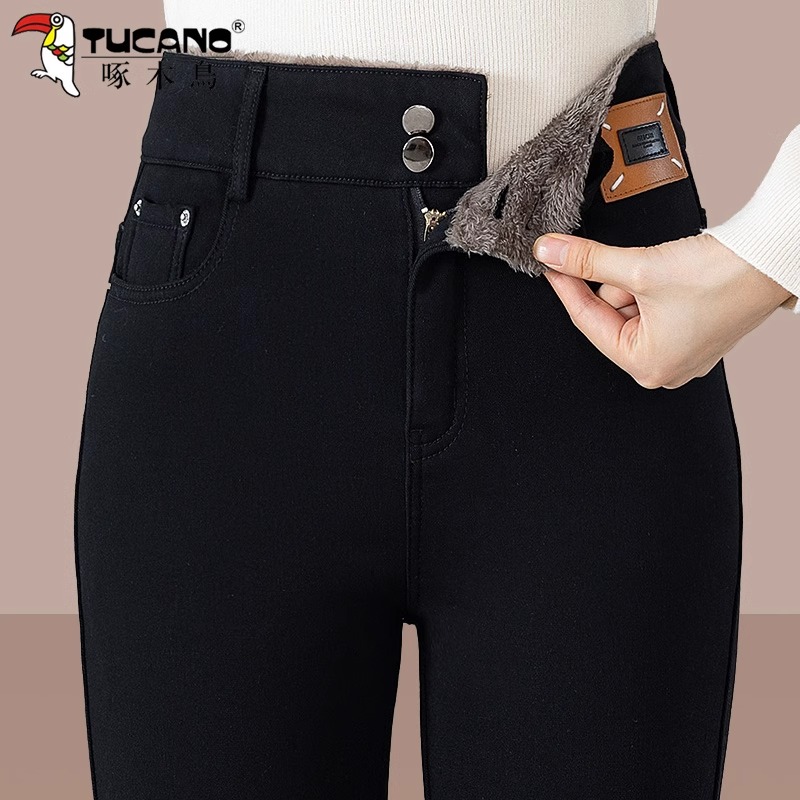 【官方】啄木鸟牛仔裤外穿冬季2025新款加绒黑色女士小脚裤高腰显瘦