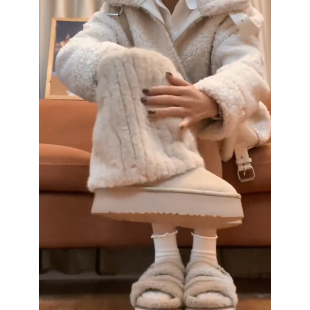 日本毛毛雪地靴冬季女款加绒短靴2023年新款厚底大筒围裤管靴保暖
