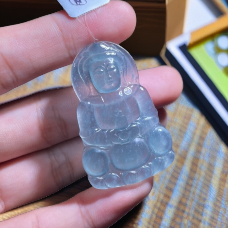 天然A货翡翠高冰观音吊坠冰透高冰种