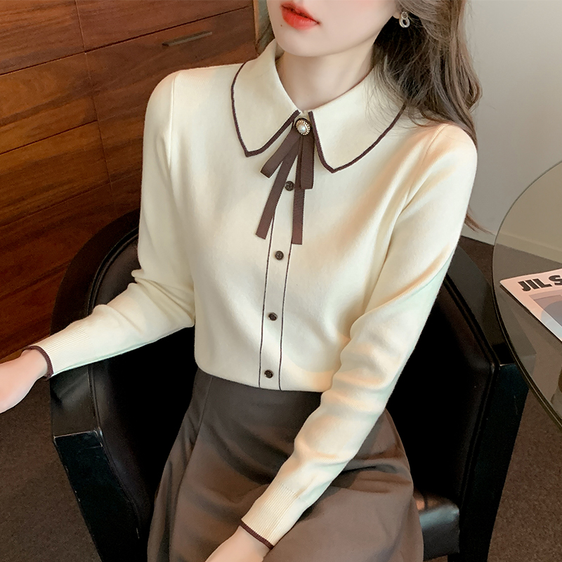 2025春秋新款长袖针织衫娃娃领气质显瘦打底百搭polo领时尚上衣