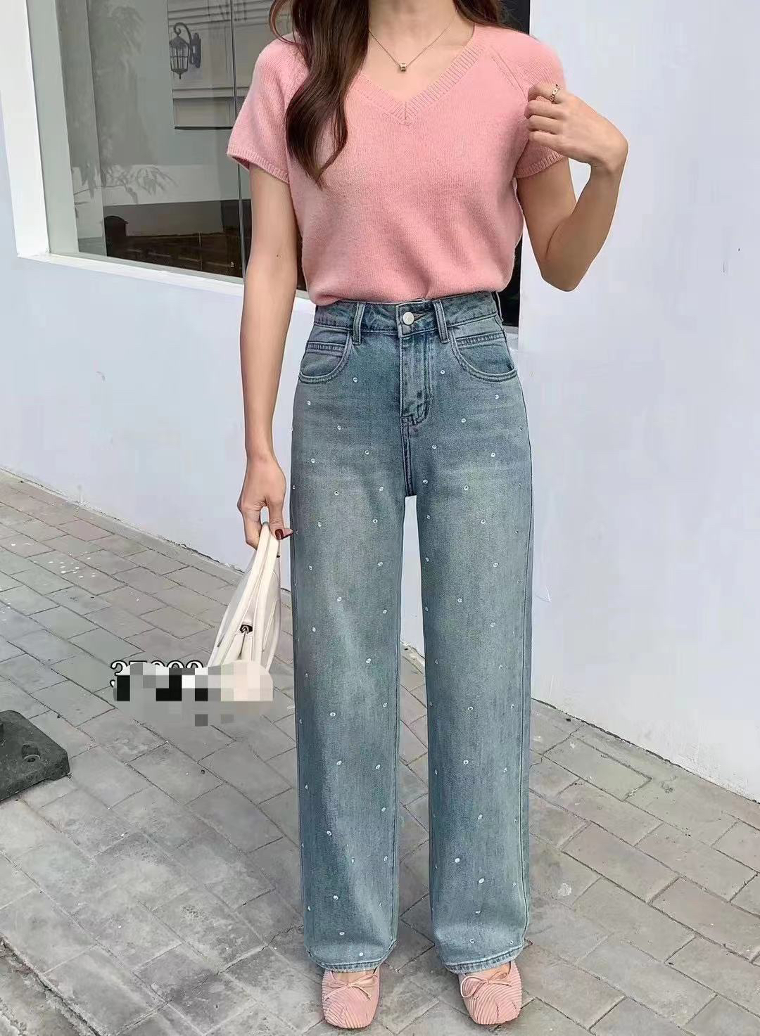 高订烫钻窄版阔腿牛仔裤