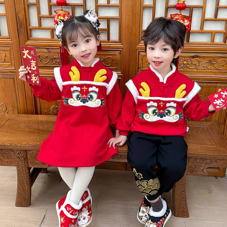 儿童拜年服男女童唐装新年2024龙年表演宝宝过年衣服冬元旦两件套