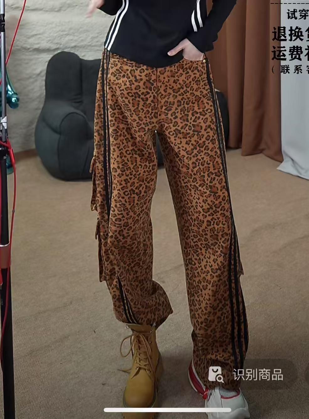 【GYT】639休闲裤运动高腰直筒时尚复古宽松印花美式百搭黑色豹纹裤