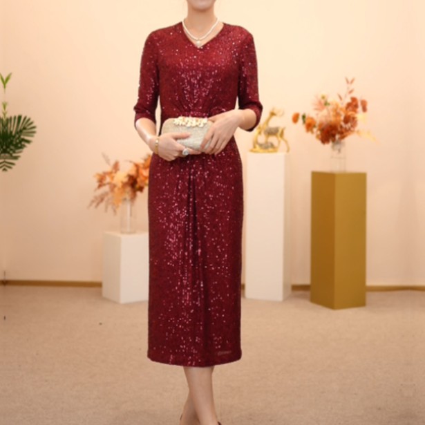 新款喜妈妈喜婆婆年轻气质款连衣裙优雅婚礼珠片礼服裙婚宴礼服