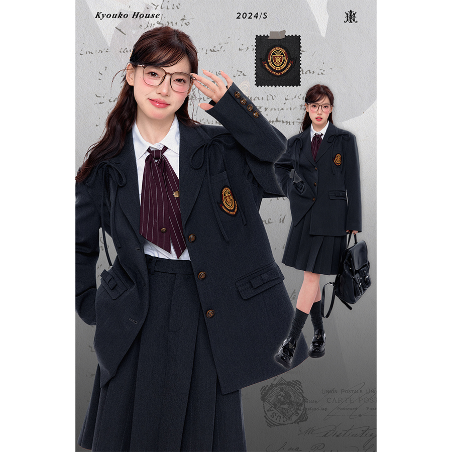 【梗豆物语】原创日系校供绀色西服学院风2024冬樱花妹箱褶裙套装