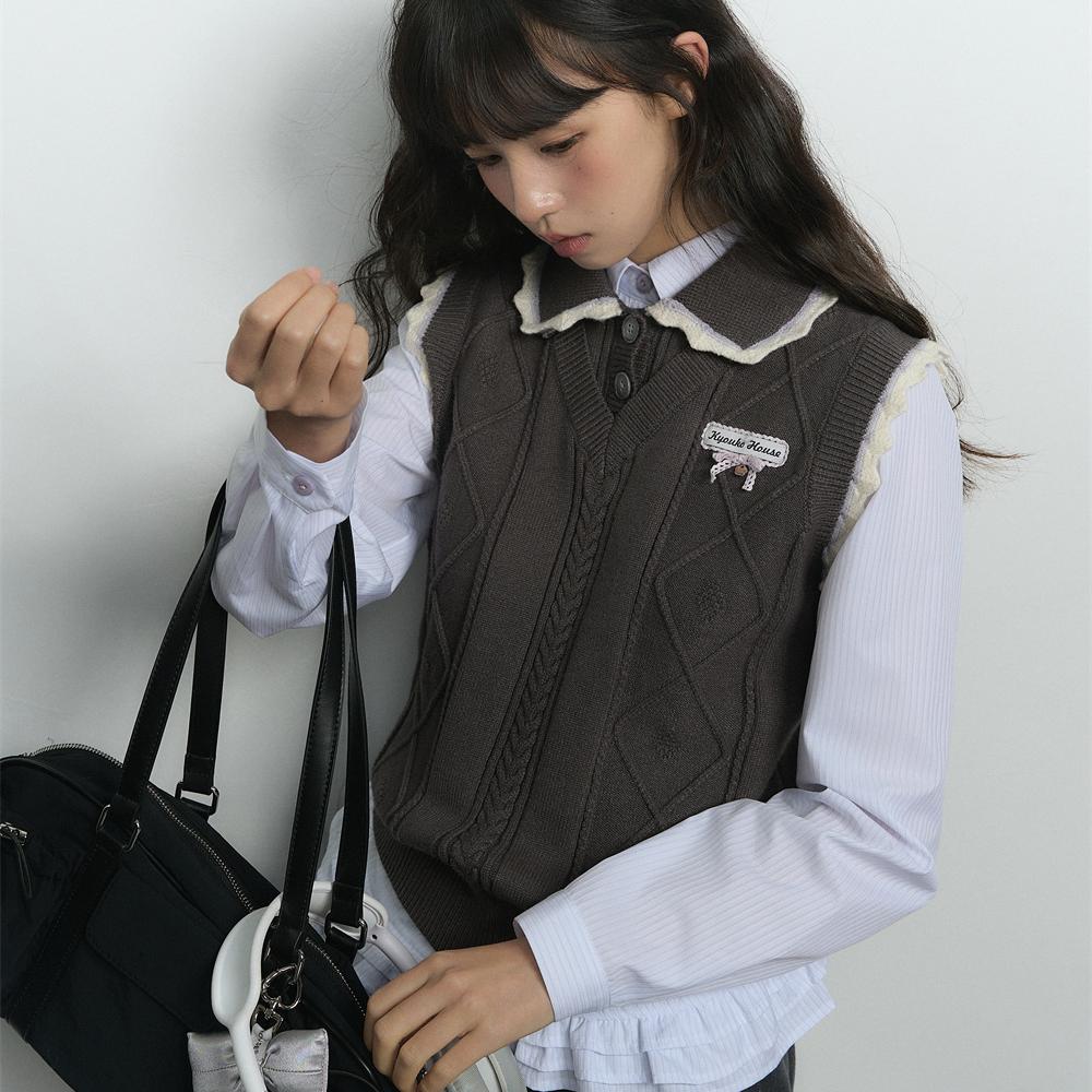 梗豆kyouko 复古优雅原创针织双层领背心马甲学院风新款秋冬女
