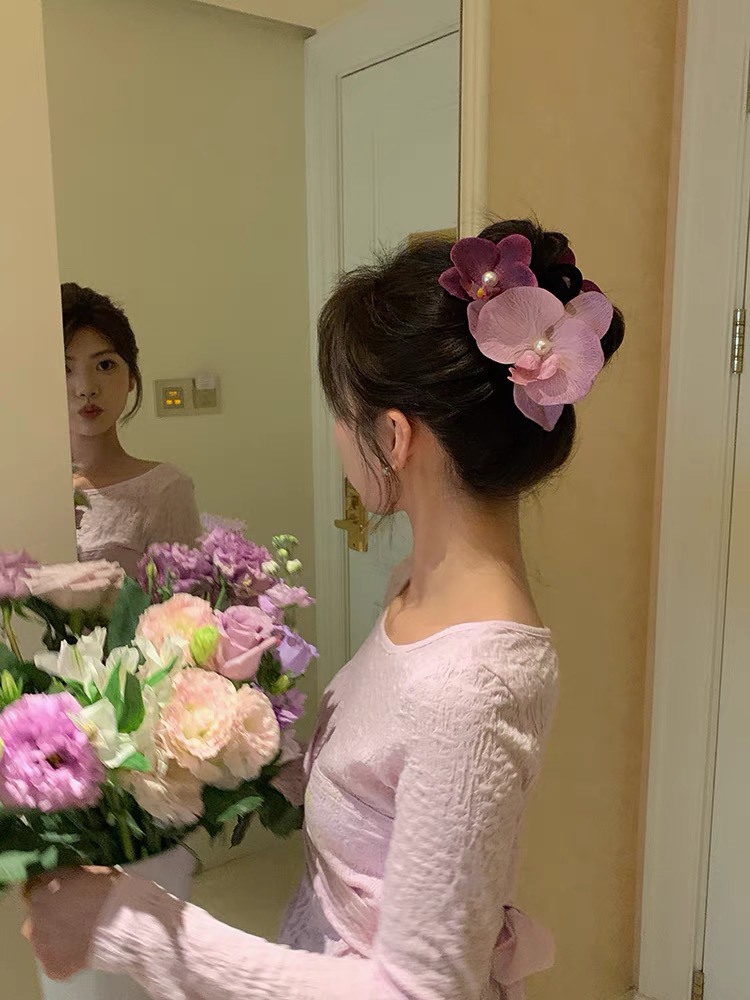 期待的春天 蝴蝶兰仿真花朵造型抓夹沙滩旅游拍照道具鲨鱼夹头饰