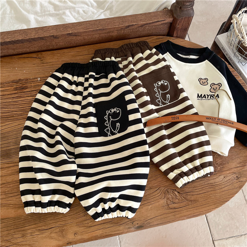 【阿沐家童品】宝宝韩系童装洋气秋冬加绒卫裤男小童条纹百搭休闲裤