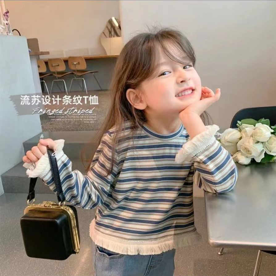 女童长袖T恤秋冬款宝宝流苏上衣儿童条纹上衣女宝洋气打底韩版潮