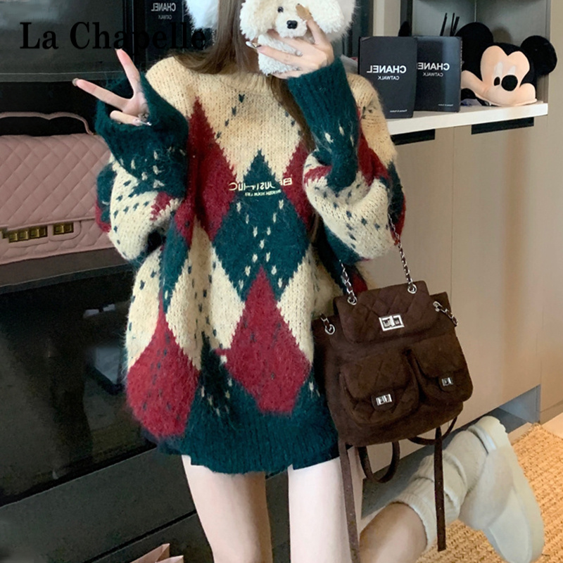 拉夏贝尔甜美上衣秋冬长袖针织衫复古宽松圆领显瘦百搭慵懒毛衣女