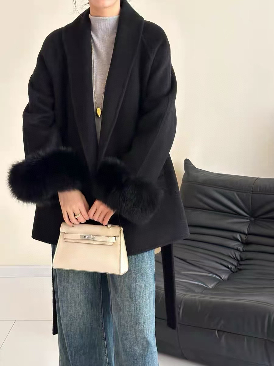 气质狐狸毛袖双面羊毛大衣女短款小个子外套