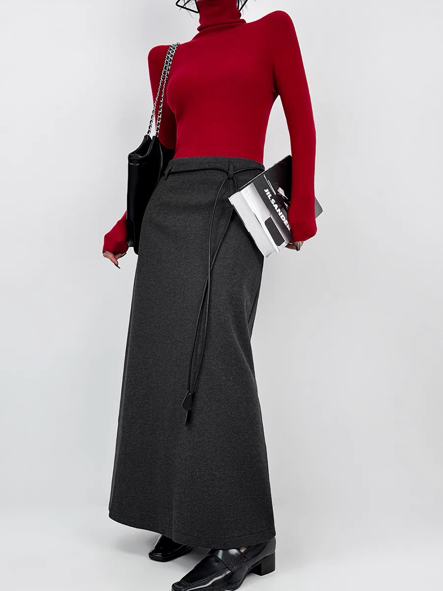 复古腰带毛呢西装半身裙女秋冬气质高腰显瘦开叉a字长裙