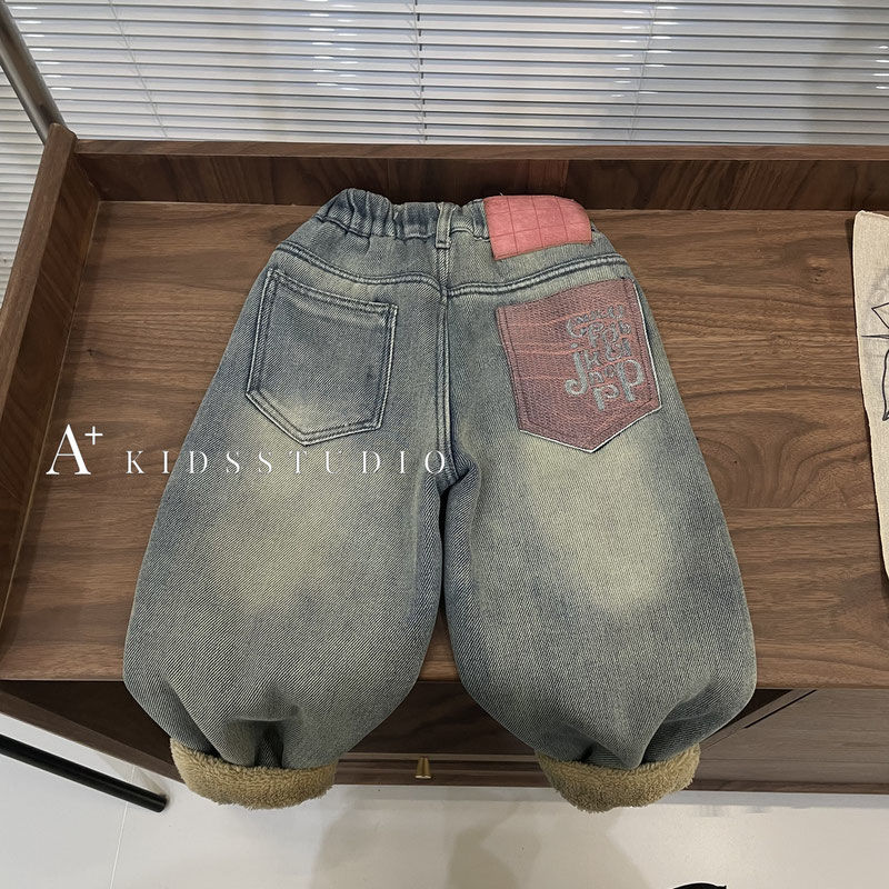 男女童冬季加绒加厚裤子2023新款儿童牛仔棉裤一条过冬羊羔毛长裤