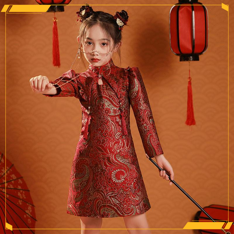 女童公主裙旗袍冬季长袖洋气儿童超仙礼服小女孩过年喜庆衣服百年
