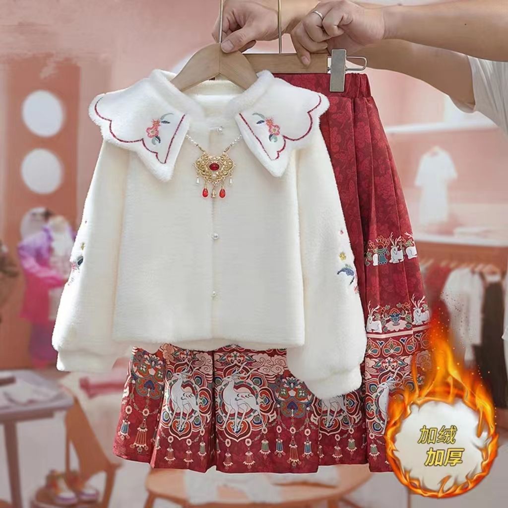 2023新款女童秋冬款面裙套装儿童中国风女孩加绒洋气两件套唐装