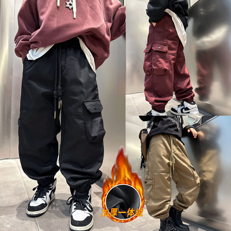 儿童裤子男女童加绒一体绒工装裤2023冬季新款中大童宽松百搭韩版