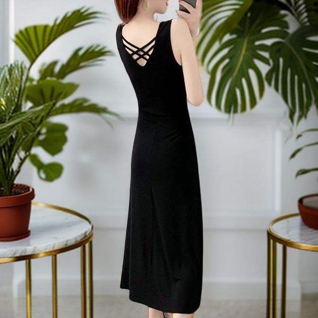 新款修身经典打底裙显瘦气质长款无袖背心裙内搭裙V领连衣裙黑色