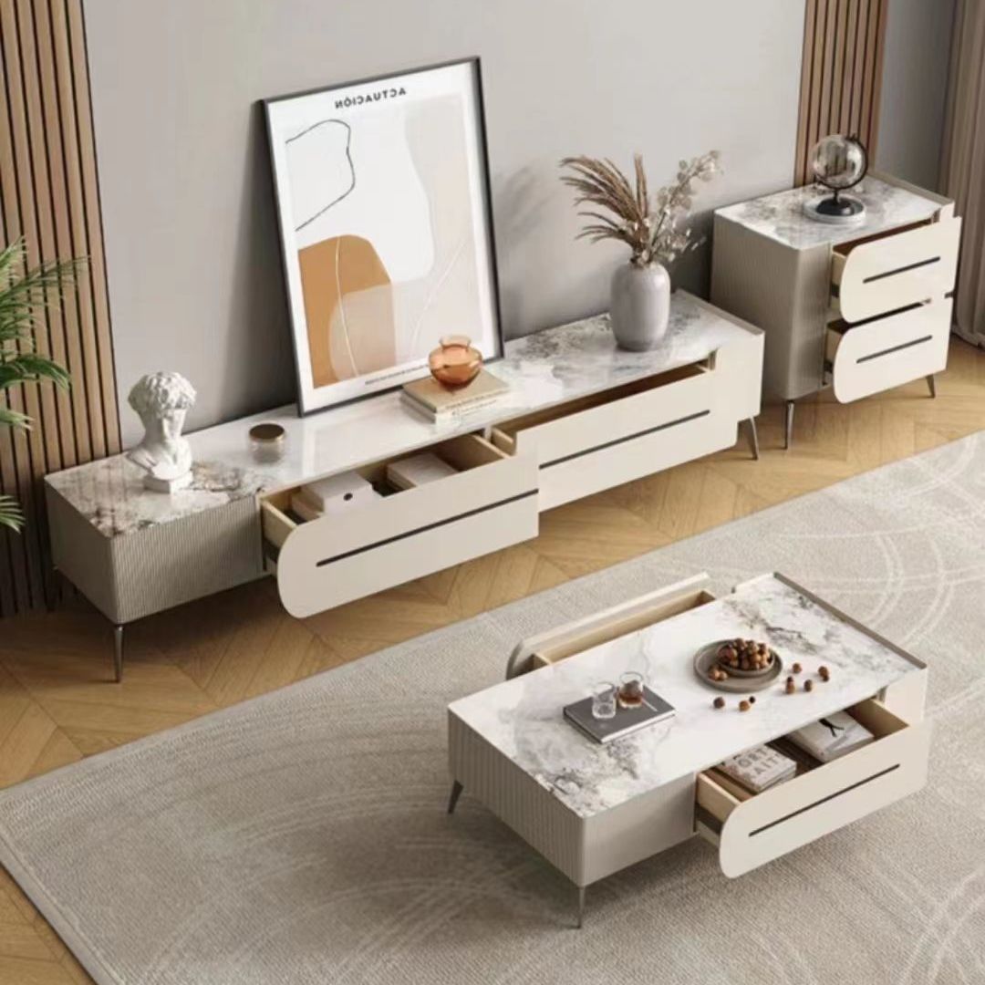 岩板茶几客厅家用现代简约法式奶油风小户型实木茶几电视柜子组合