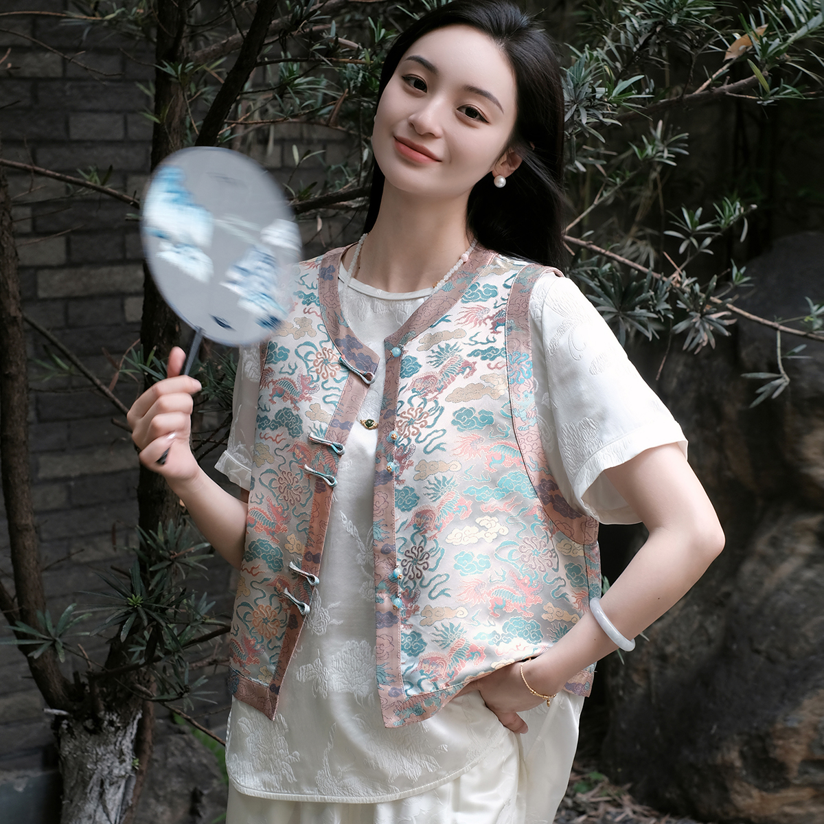 盛唐牡丹| 真丝宋锦一路青云对襟马甲（不支持7天无理由）