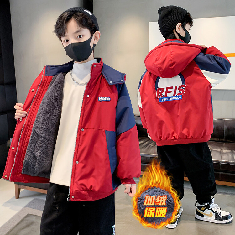 休闲冬季加绒加厚中大童洋气宽松连帽派克服棉服保暖