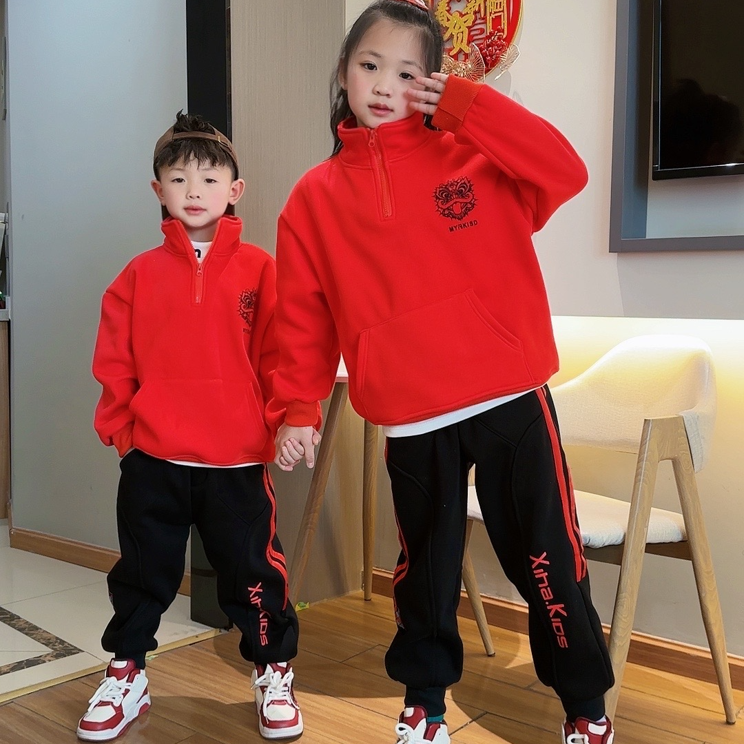 姐弟款红色中国风拉链龙年拜年服加绒国潮童装卫衣