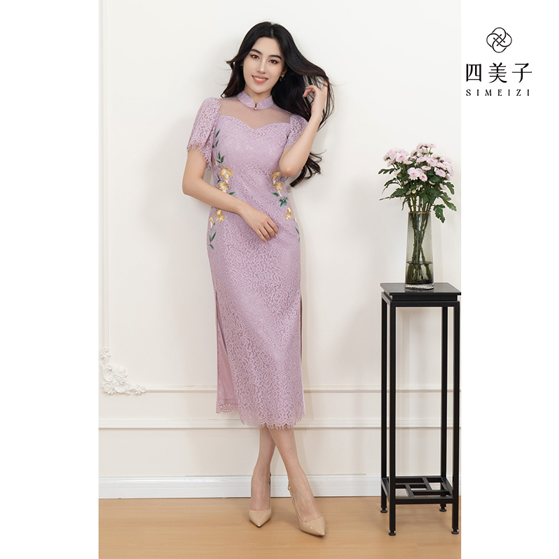 【高高甄选】四美子【紫朝颜】新中式旗袍显瘦国风新款蕾丝连衣裙刺绣