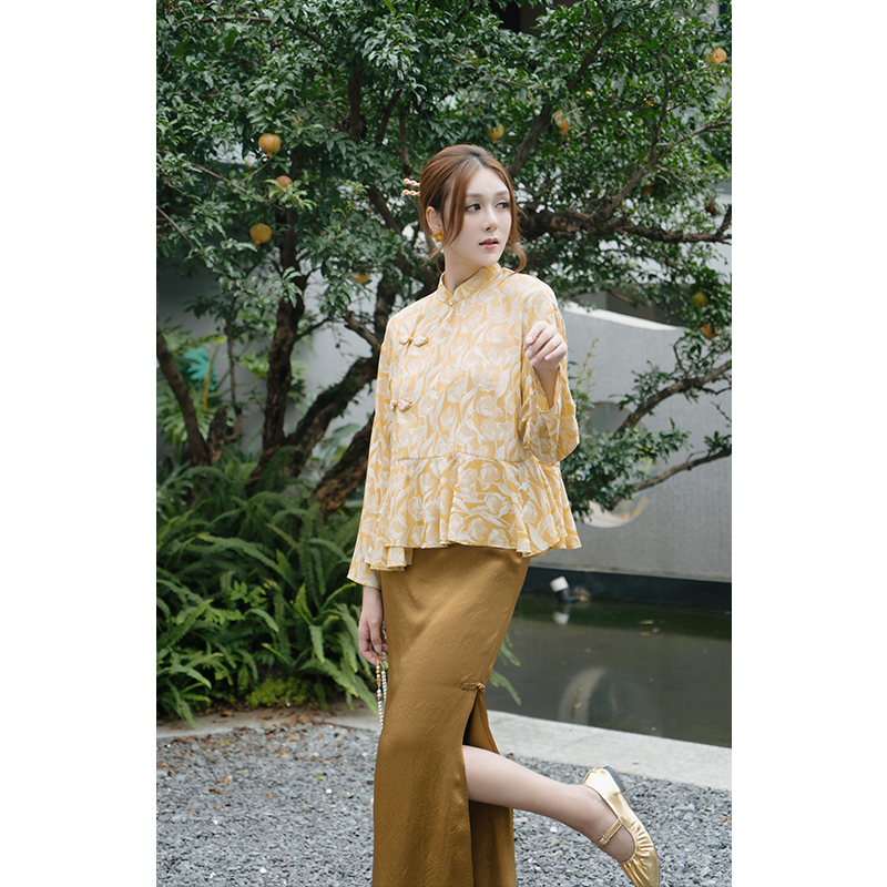 【特惠清仓】杏雨新中式国风印花斜襟衬衫上衣显瘦优雅气质秋季新款