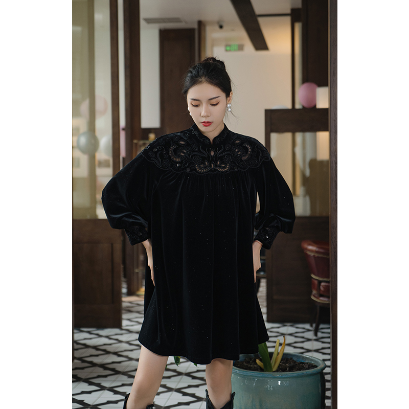 【特惠清仓】四美子夜美人秋季黑色连衣裙显瘦新中式国风气质