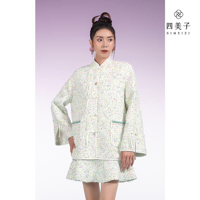 【特惠清仓】时尚气质暮山清紫秋款白色上衣外套女小香风碎花