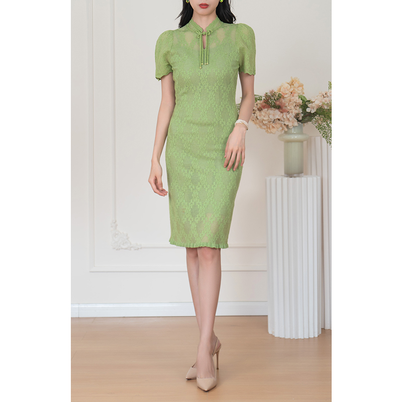 【特惠清仓】香凝修身原创新中式秋季蕾丝镂空旗袍连衣裙气质高级